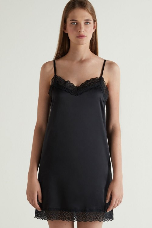 Tezenis Satin and Spets Slip Svarta Svarta | UNORM-0136