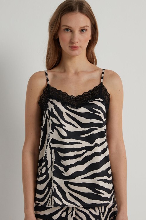 Tezenis Satin and Spets Tank Top Animal Milk White/Black Zebra Print 306v | QMXGD-8673