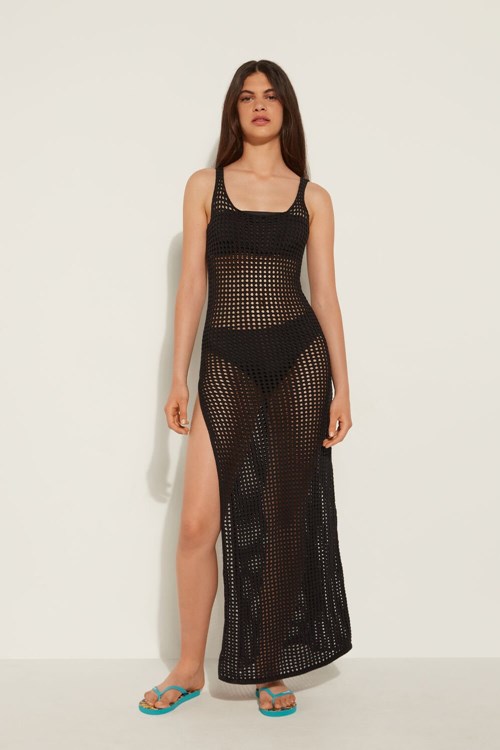 Tezenis Slit Long Klänning in Mesh Crochet Svarta Svarta | QWUGL-7430