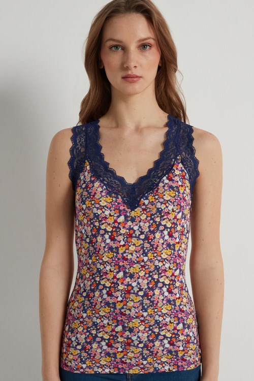 Tezenis Spets Breda Rem V-Neck Printed Viscose Camisole Blå Blommiga | NWVRS-6234