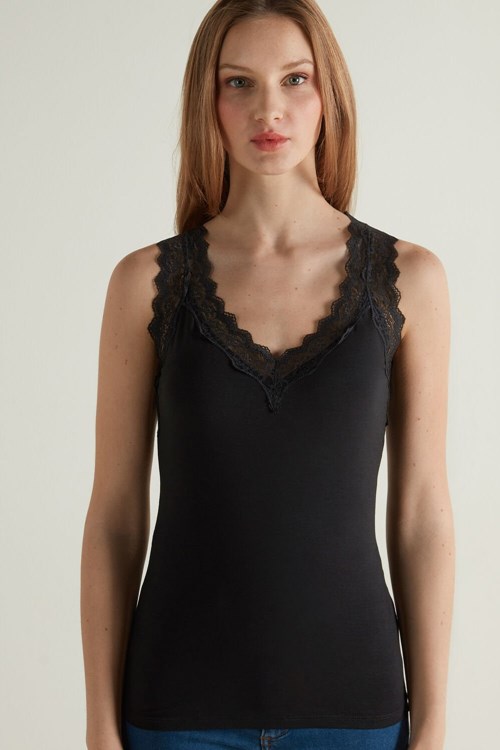 Tezenis Spets Breda Rem V-Neck Viscose Camisole Svarta Svarta | ISOJU-9687