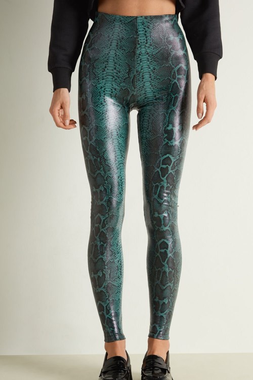 Tezenis Thermal Coated-Effect Python-Print Leggings Blå Gröna | KSDOU-9267