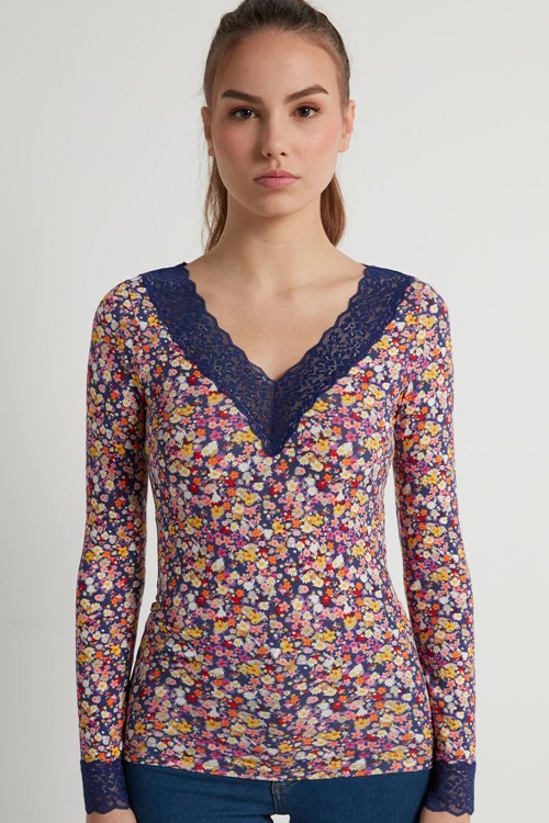 Tezenis V Neck Long Sleeve Top with Spets Blå Blommiga | EFSTR-8072