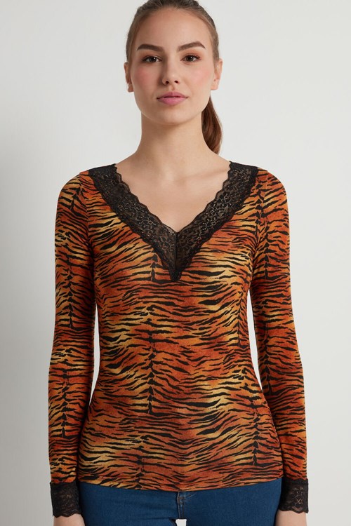 Tezenis V Neck Long Sleeve Top with Spets Animal Tiger Print 303v | VLFNE-5490