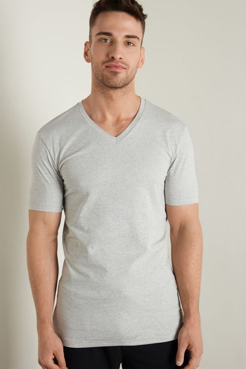 Tezenis V-Neck Stretch-Bomull T-Shirt Grå Ljus | SUEYP-4871