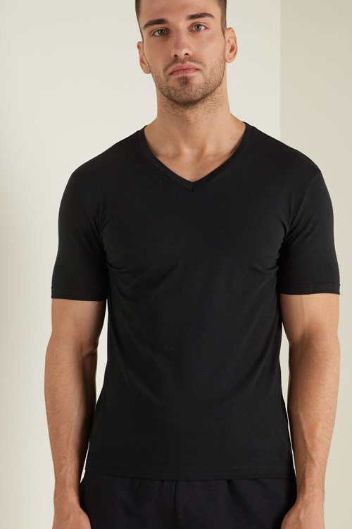 Tezenis V-Neck Stretch-Bomull T-Shirt Svarta Svarta | SKEOQ-2931