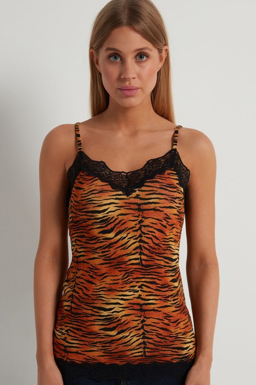 Tezenis V Neck Tank Top with Spets Insert Animal Tiger Print 303v | CDGVL-9567