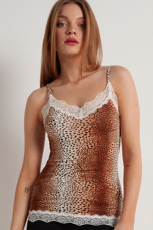 Tezenis V Neck Tank Top with Spets Insert Animal Vintage Animal Print 614v | DHYUM-3962