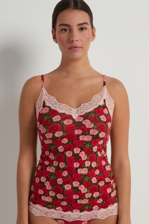 Tezenis V Neck Tank Top with Spets Insert Röda Rosa | JLXCS-7319