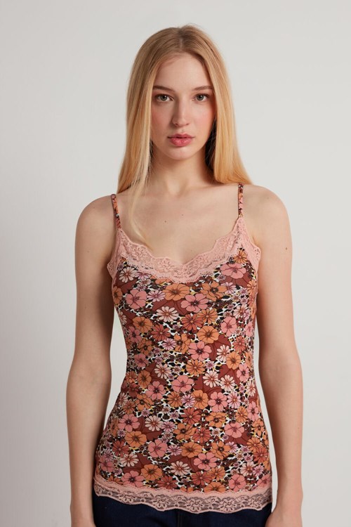 Tezenis V Neck Tank Top with Spets Insert Floral Floral Animal Print 581v | KSOYV-8926