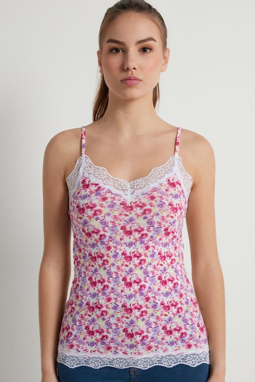 Tezenis V Neck Tank Top with Spets Insert Vita Vita Blommiga | SIEMU-5079