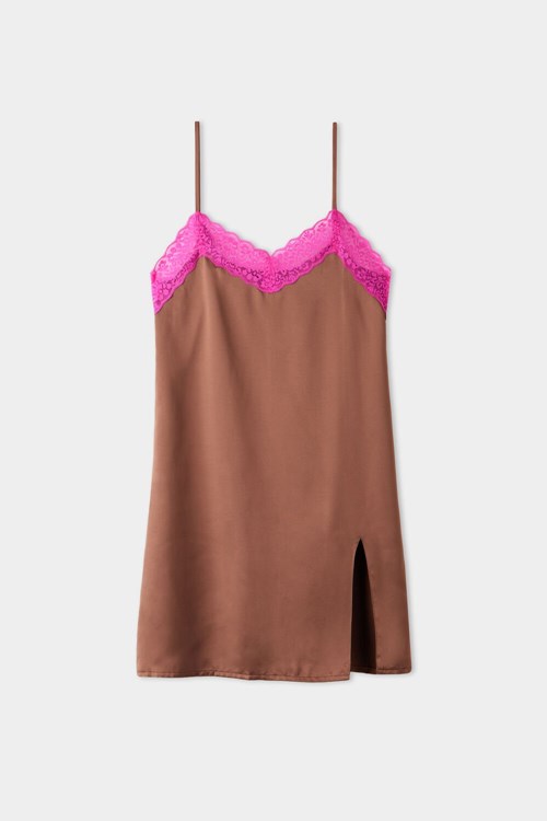 Tezenis Vented Satin and Spets Slip Bruna Fuchsia | FEPZA-1648