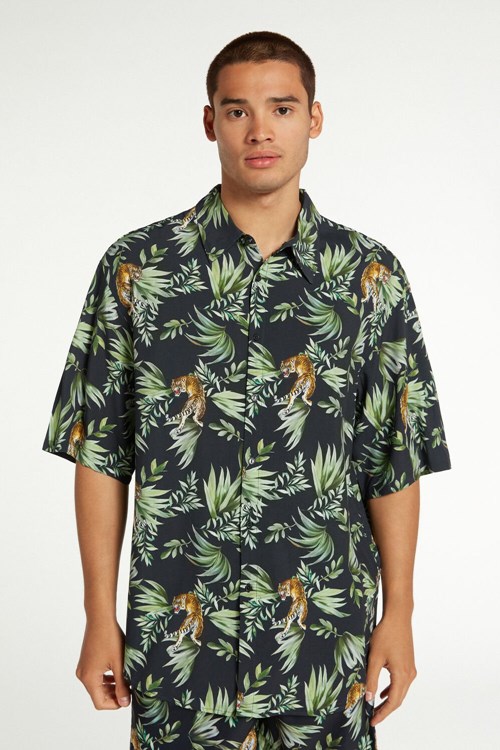 Tezenis Viscose Fabric Korta-Sleeve Shirt Floral Jungle Tiger Print 585v | VQRDL-0427