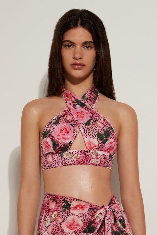 Tezenis Viscose Fabric Triangle Crop Top with Bands Rosa Rosa | IBDRU-8105