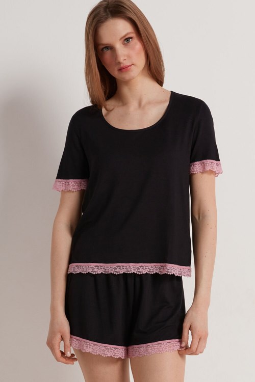 Tezenis Viscose and Spets Korta Pajamas Svarta Rosa | ZQKAI-8461